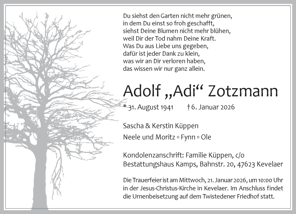  Traueranzeige für Adolf Zotzmann vom 17.01.2026 aus NNA