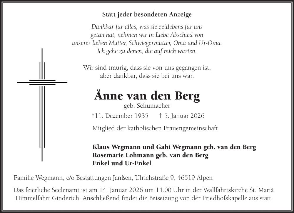  Traueranzeige für Änne van den Berg vom 10.01.2026 aus NNA