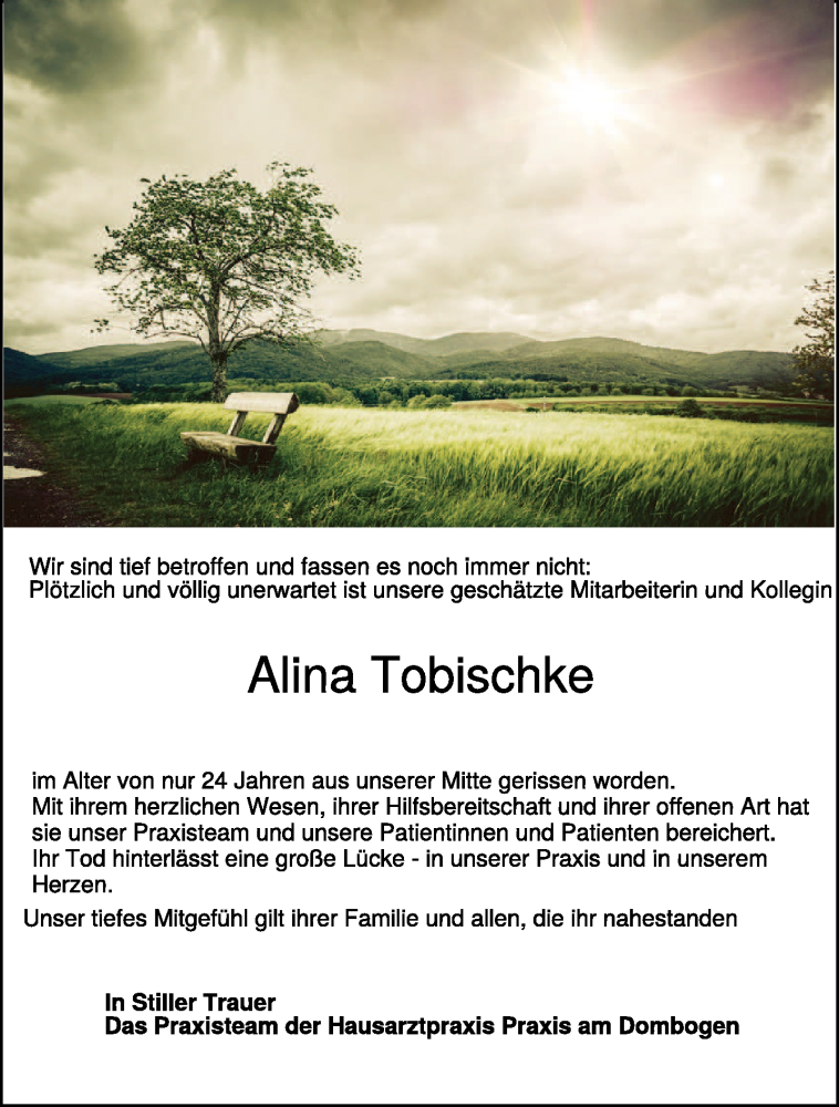  Traueranzeige für Alina Tobischke vom 31.01.2026 aus NNA
