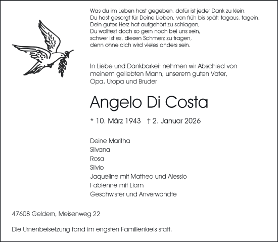 Traueranzeige von Angelo Di Costa von NNA
