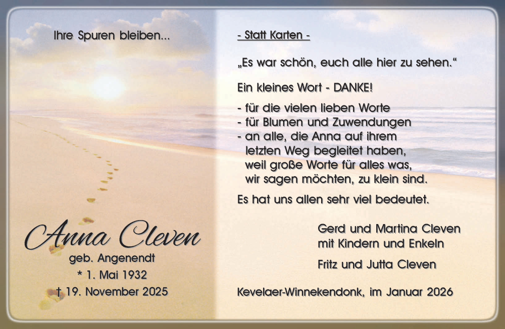  Traueranzeige für Anna Cleven vom 03.01.2026 aus NNA