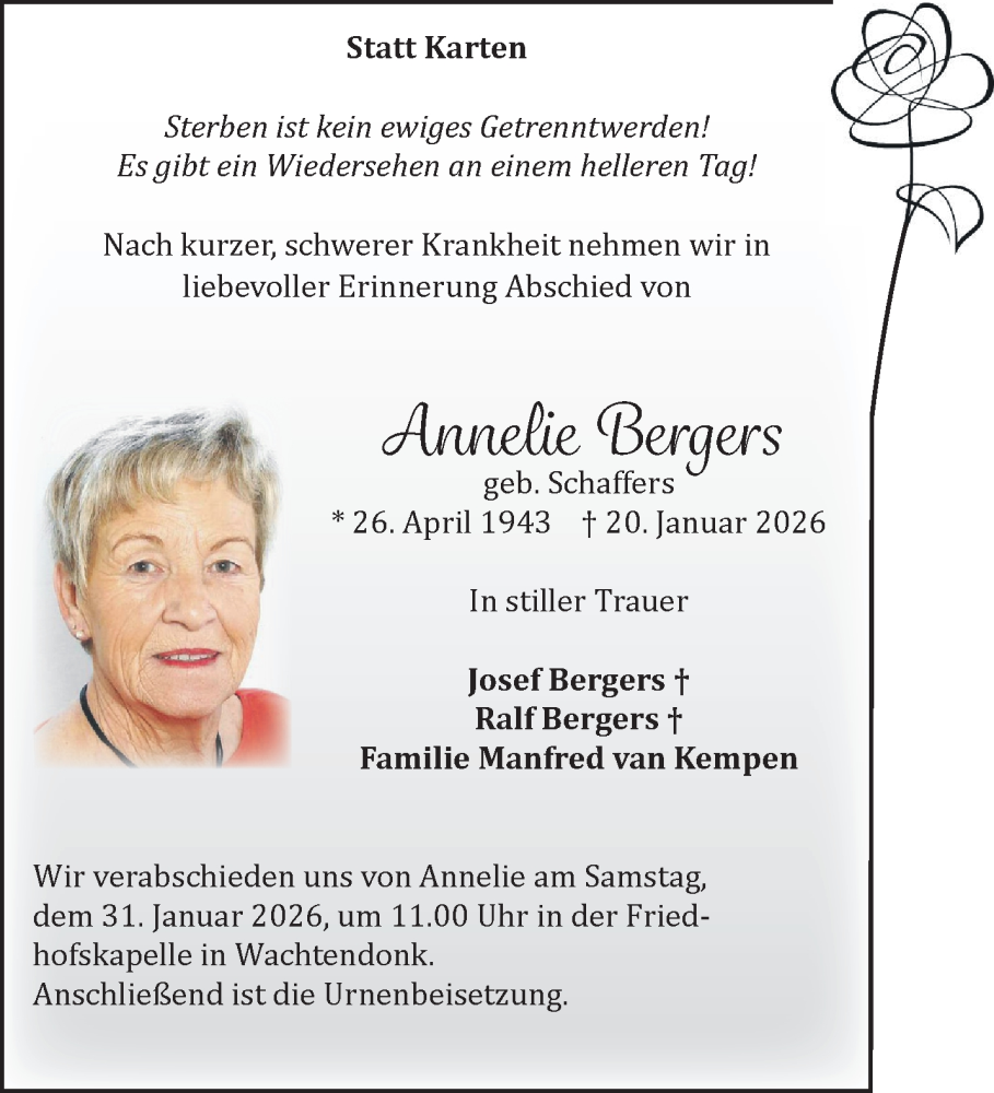  Traueranzeige für Annelie Bergers vom 24.01.2026 aus NNA