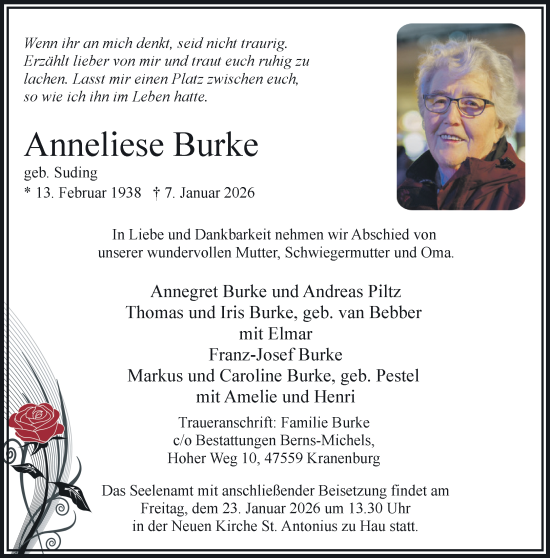 Traueranzeige von Anneliese Burke von NNA