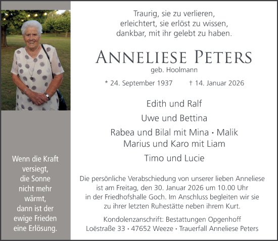 Traueranzeige von Anneliese Peters von NNA
