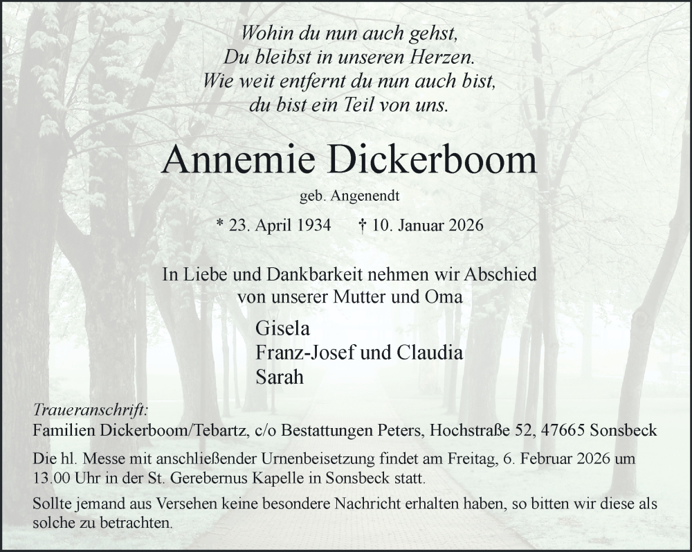 Traueranzeige für Annemie Dickerboom vom 17.01.2026 aus NNA