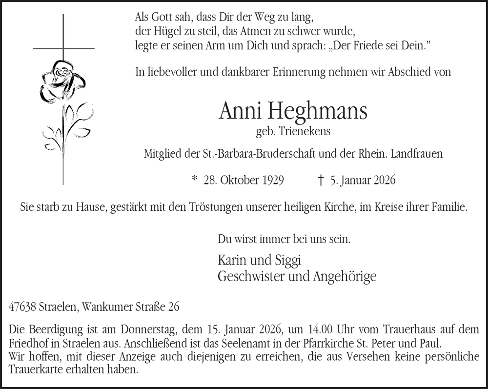  Traueranzeige für Anni Heghmans vom 10.01.2026 aus NNA