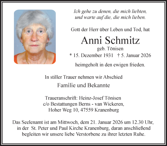 Traueranzeige von Anni Schmitz von NNA
