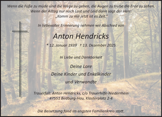 Traueranzeige von Anton Hendricks von NNA