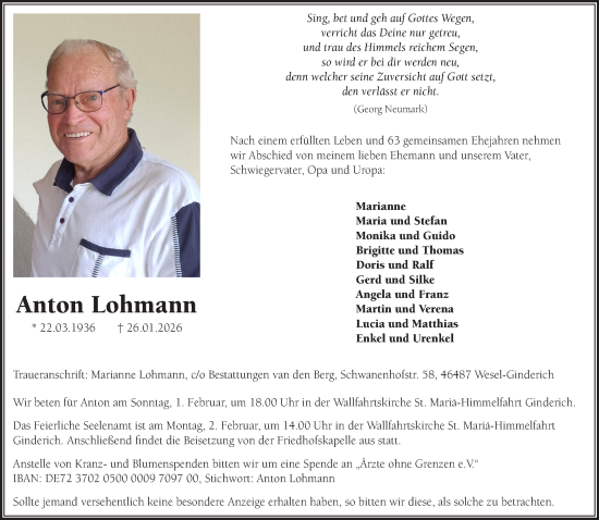 Traueranzeige von Anton Lohmann von NNA