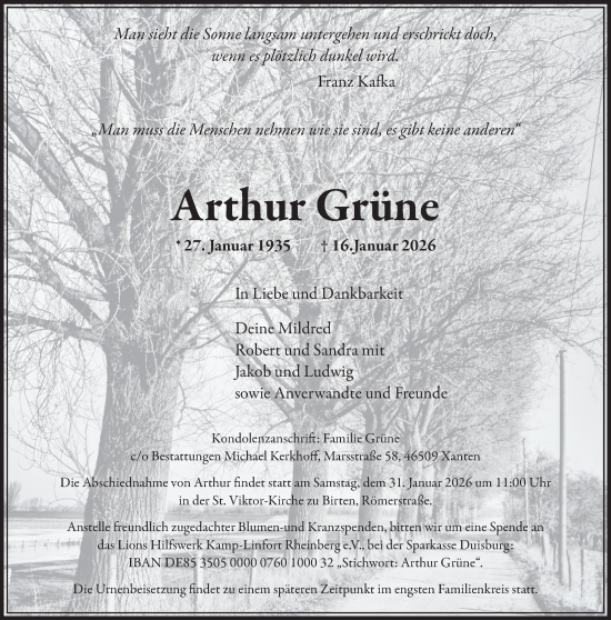 Traueranzeige von Arthur Grüne von NNA