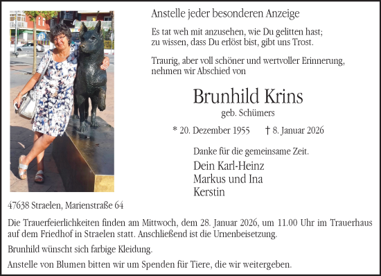 Traueranzeige von Brunhild Krins von NNA