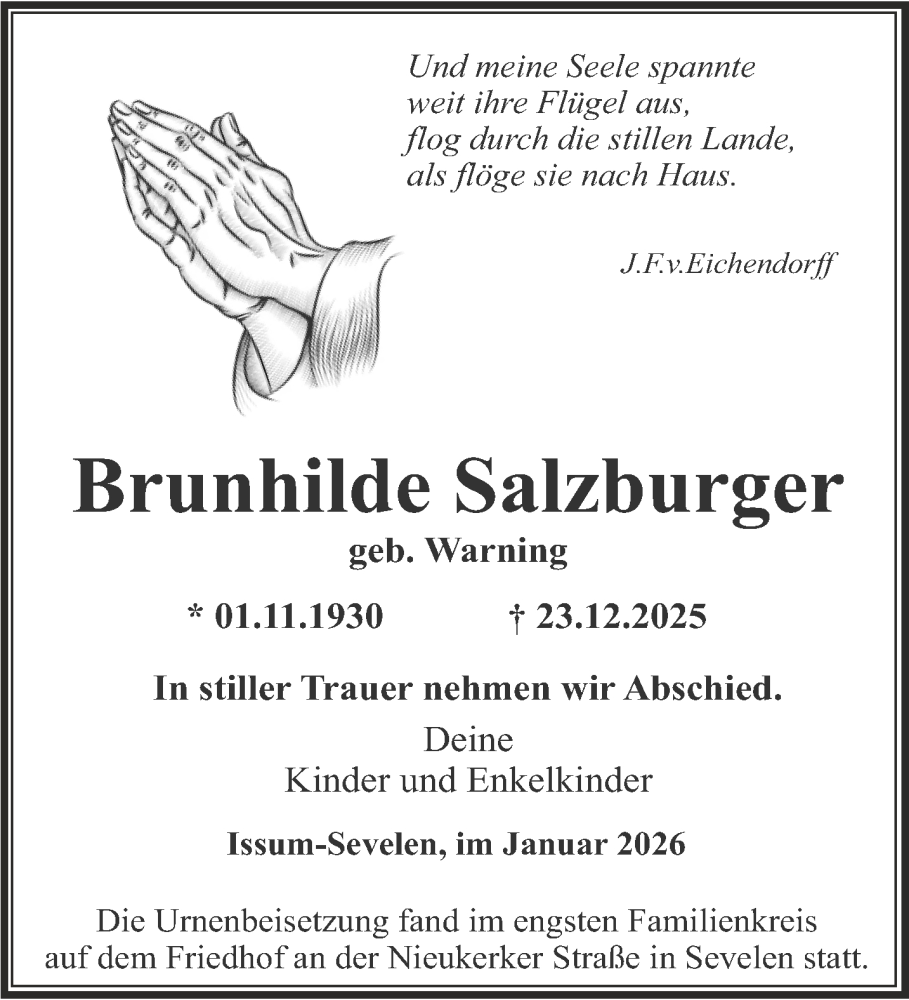  Traueranzeige für Brunhilde Salzburger vom 17.01.2026 aus NNA