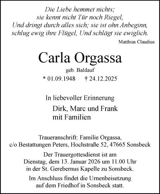 Traueranzeige von Carla Orgassa von NNA