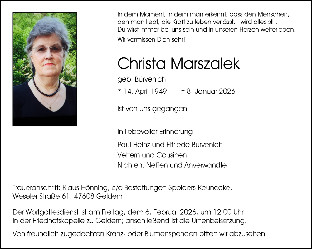  Traueranzeige für Christa Marszalek vom 31.01.2026 aus NNA