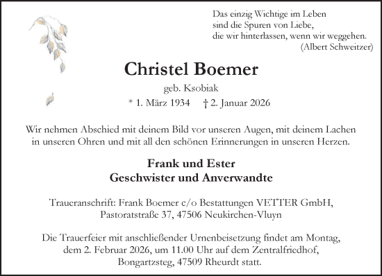 Traueranzeige von Christel Boemer von NNA