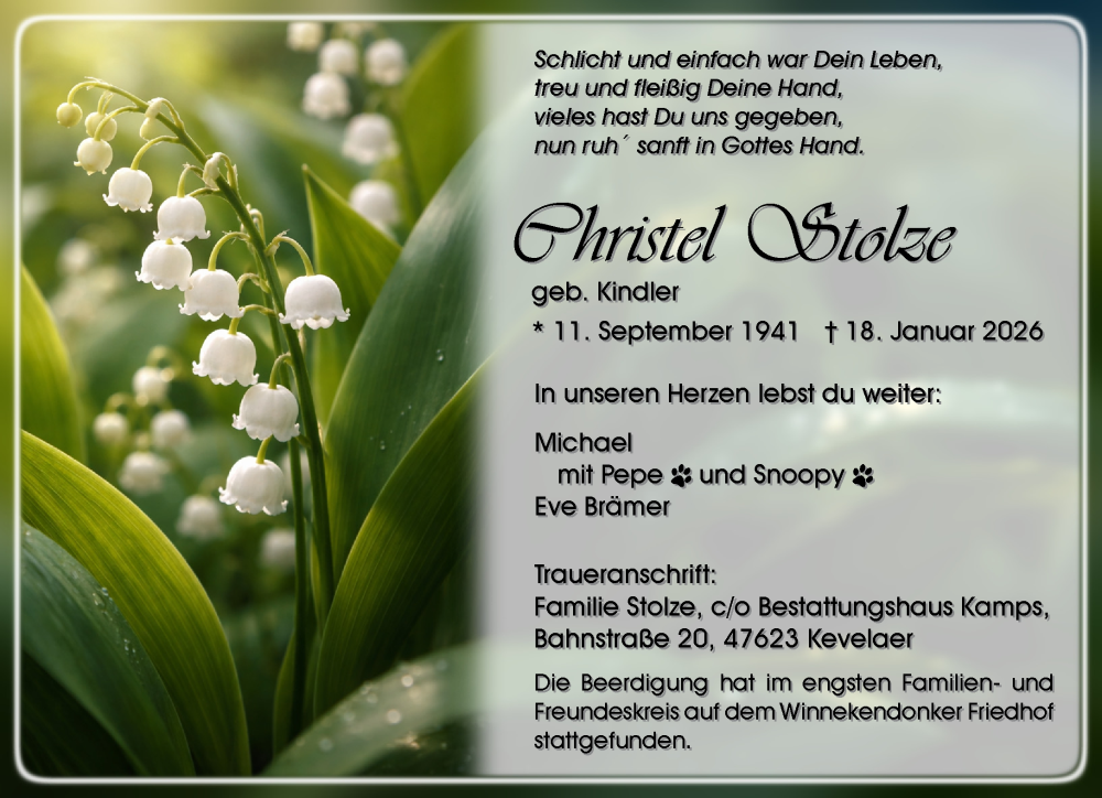  Traueranzeige für Christel Stolze vom 24.01.2026 aus NNA