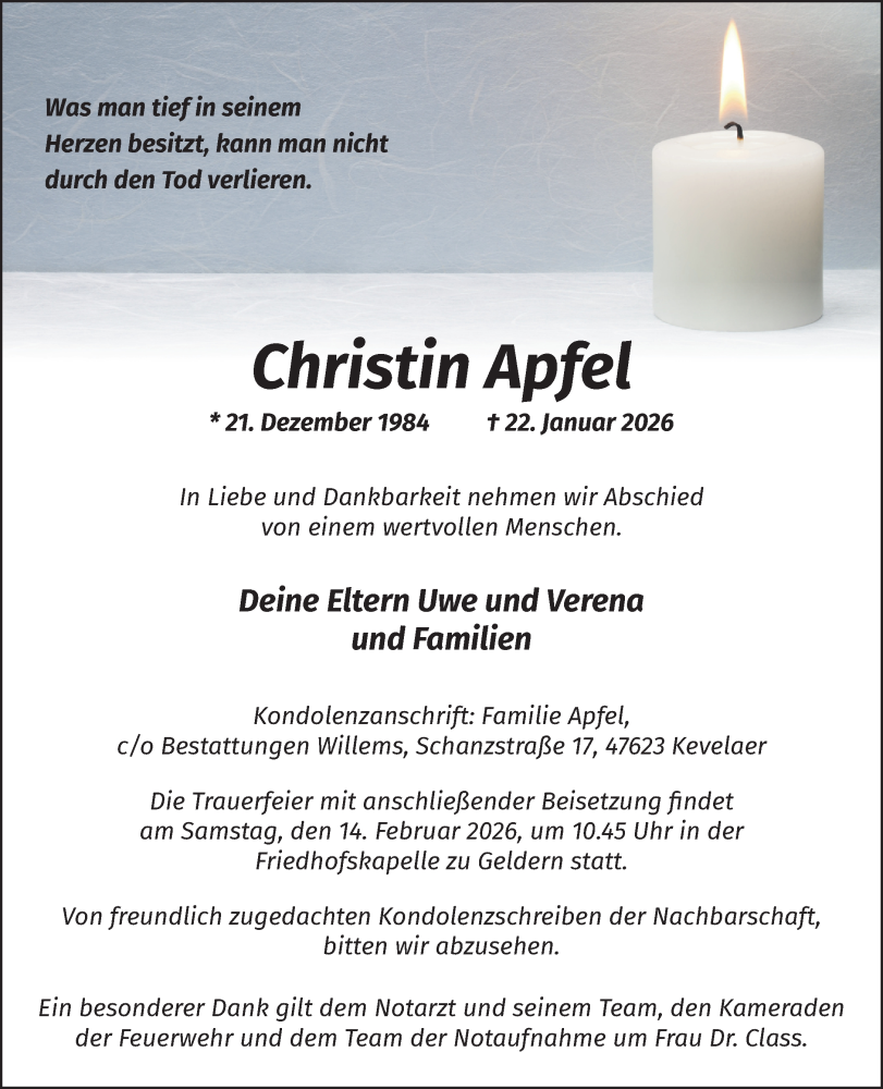  Traueranzeige für Christin Apfel vom 31.01.2026 aus NNA