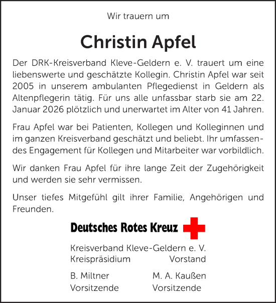 Traueranzeige von Christin Apfel von NNA