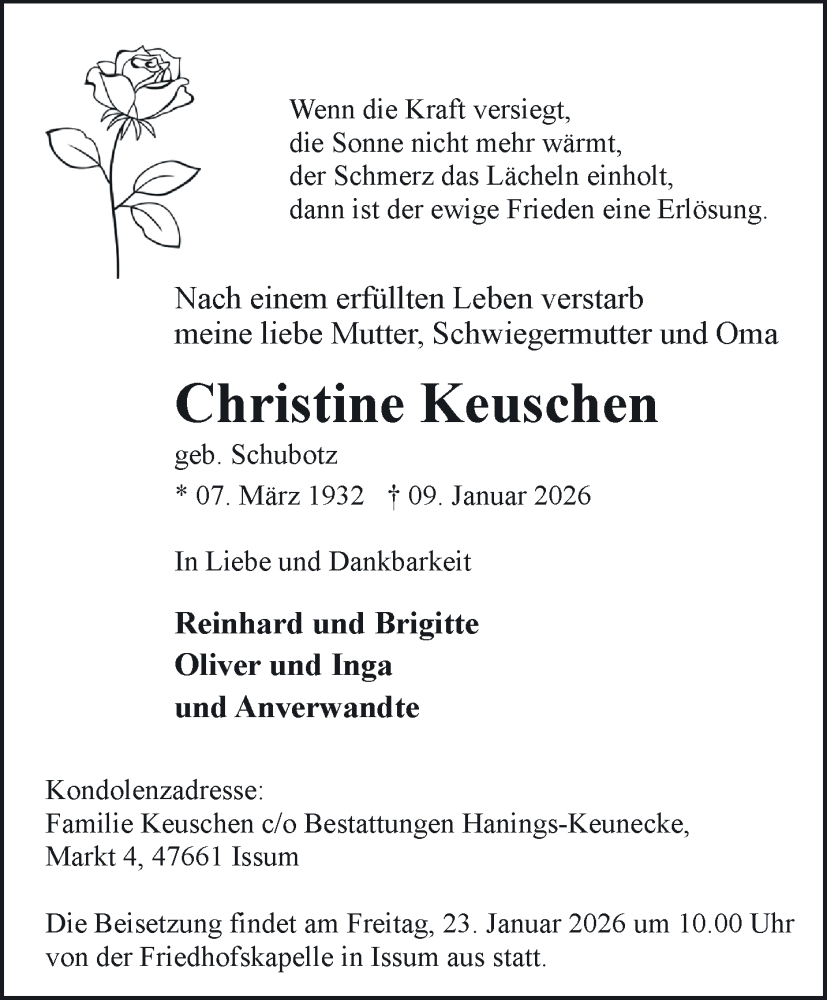  Traueranzeige für Christine Keuschen vom 17.01.2026 aus NNA