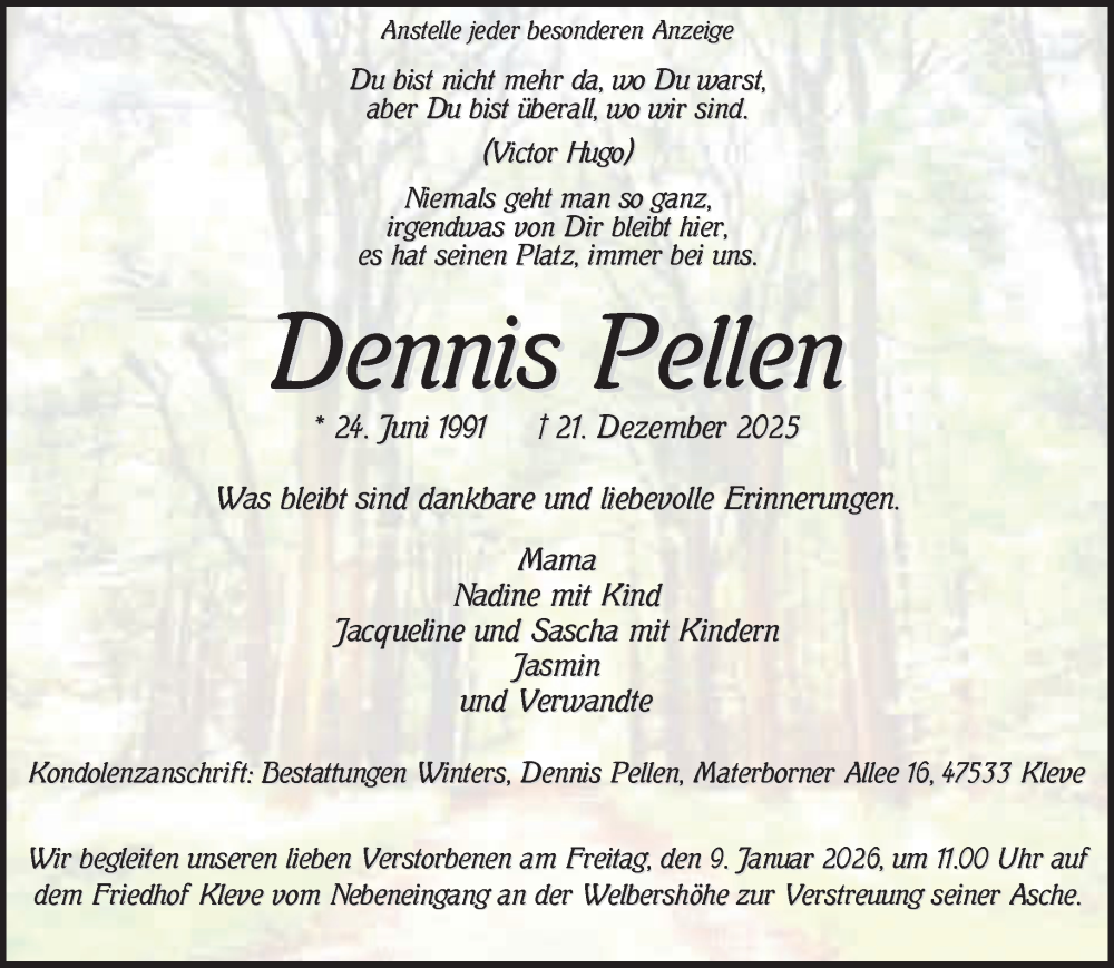  Traueranzeige für Dennis Pellen vom 03.01.2026 aus NNA