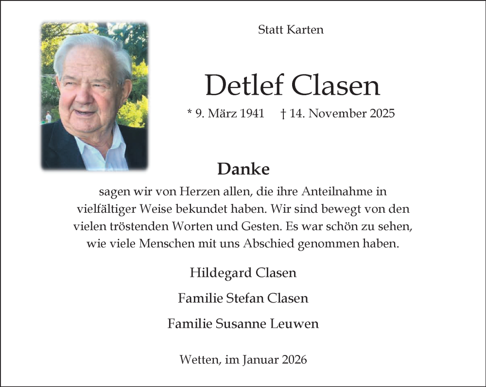  Traueranzeige für Detlef Clasen vom 10.01.2026 aus NNA