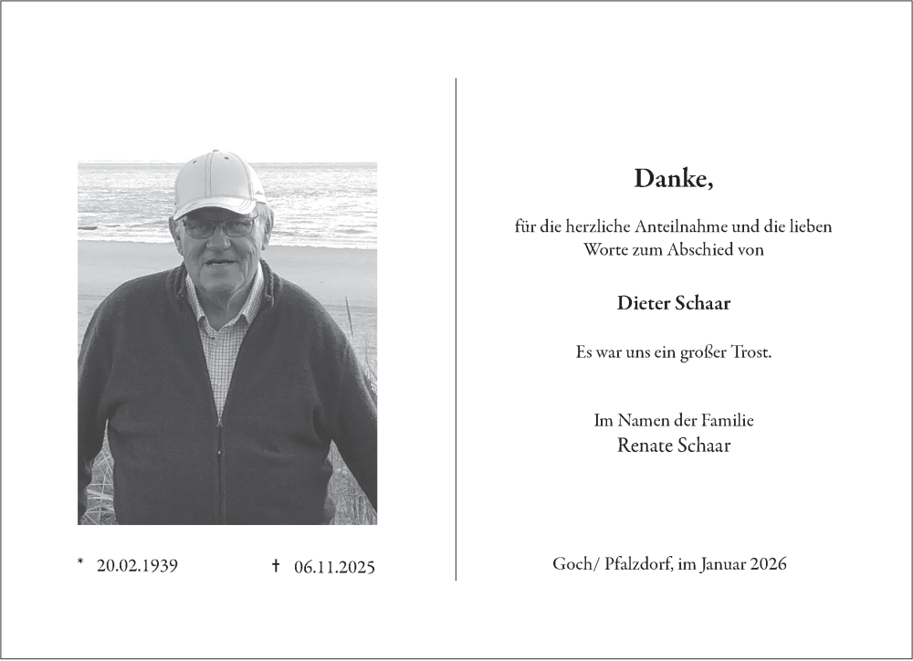  Traueranzeige für Dieter Schaar vom 10.01.2026 aus NNA