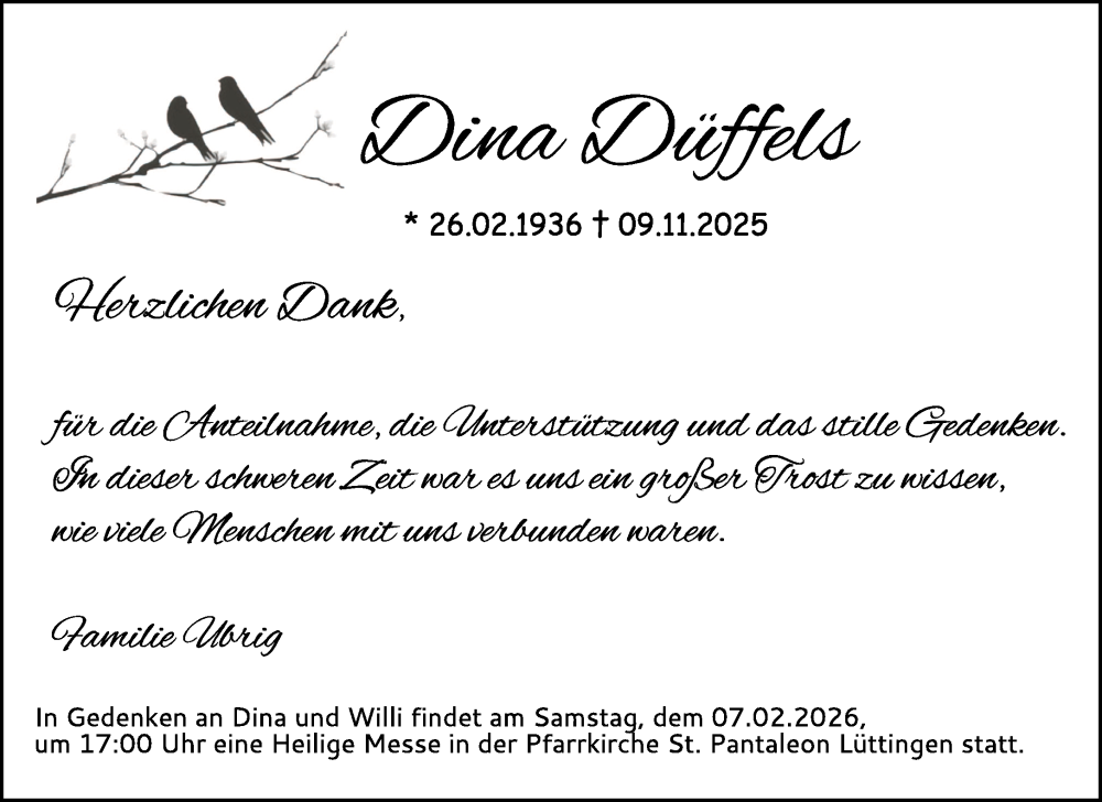  Traueranzeige für Dina Düffels vom 17.01.2026 aus NNA
