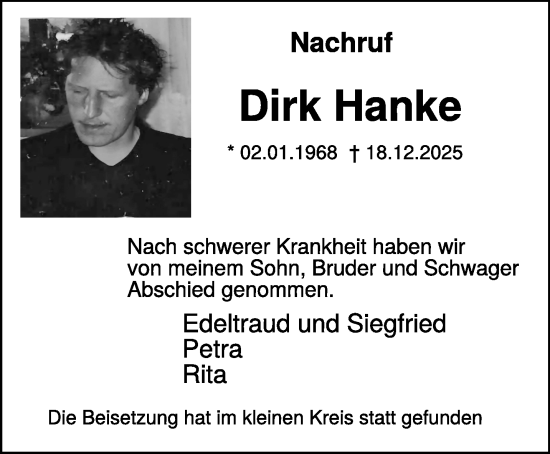 Traueranzeige von Dirk Hanke von NNA