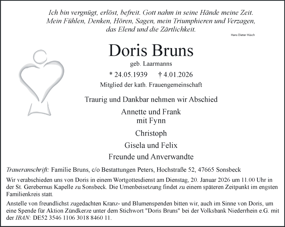  Traueranzeige für Doris Bruns vom 10.01.2026 aus NNA