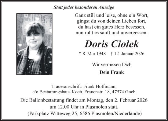Traueranzeige von Doris Ciolek von NNA