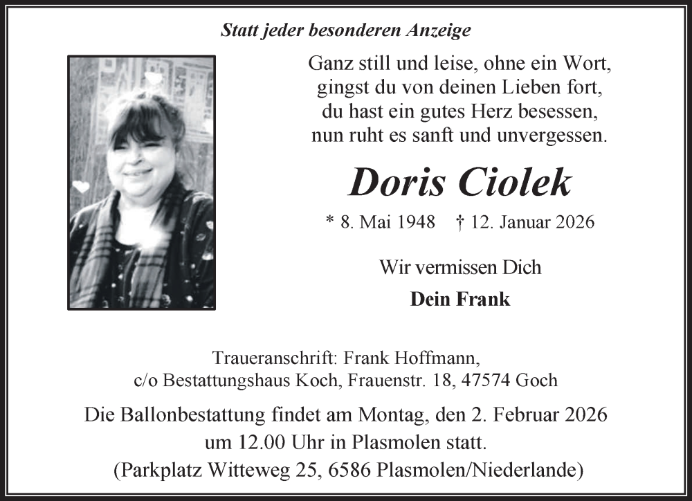  Traueranzeige für Doris Ciolek vom 24.01.2026 aus NNA