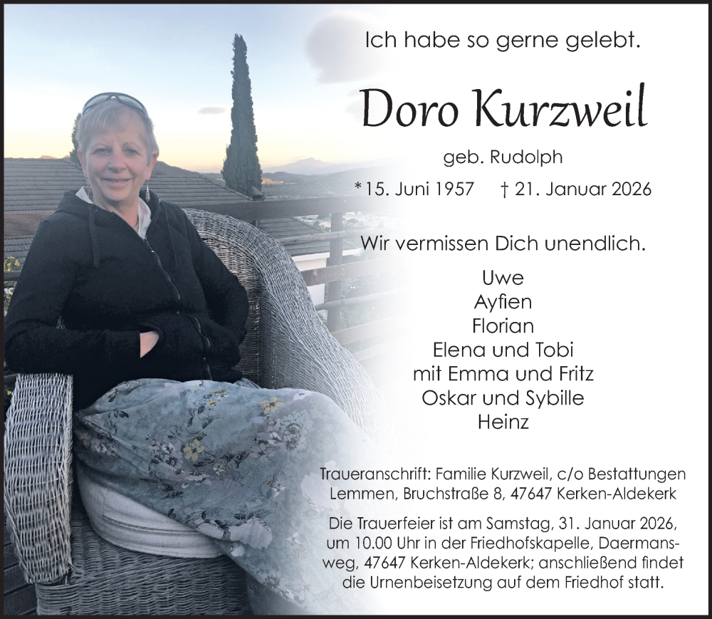 Traueranzeige für Doro Kurzweil vom 24.01.2026 aus NNA