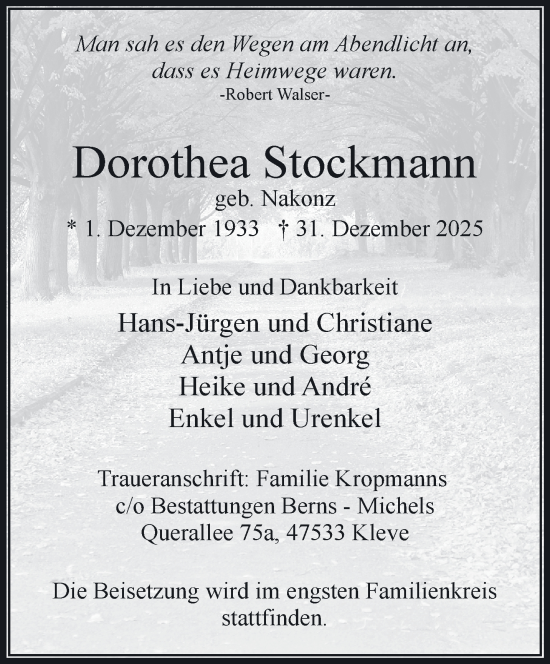 Traueranzeige von Dorothea Stockmann von NNA