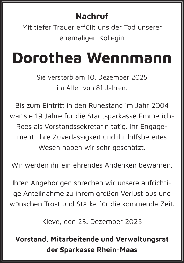  Traueranzeige für Dorothea Wennmann vom 03.01.2026 aus NNA