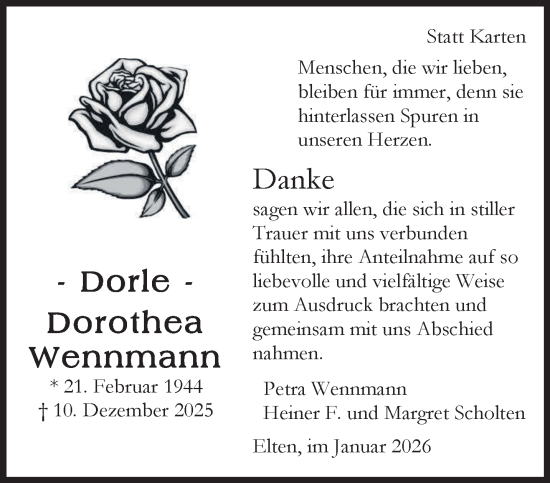 Traueranzeige von Dorothea Wennmann von NNA