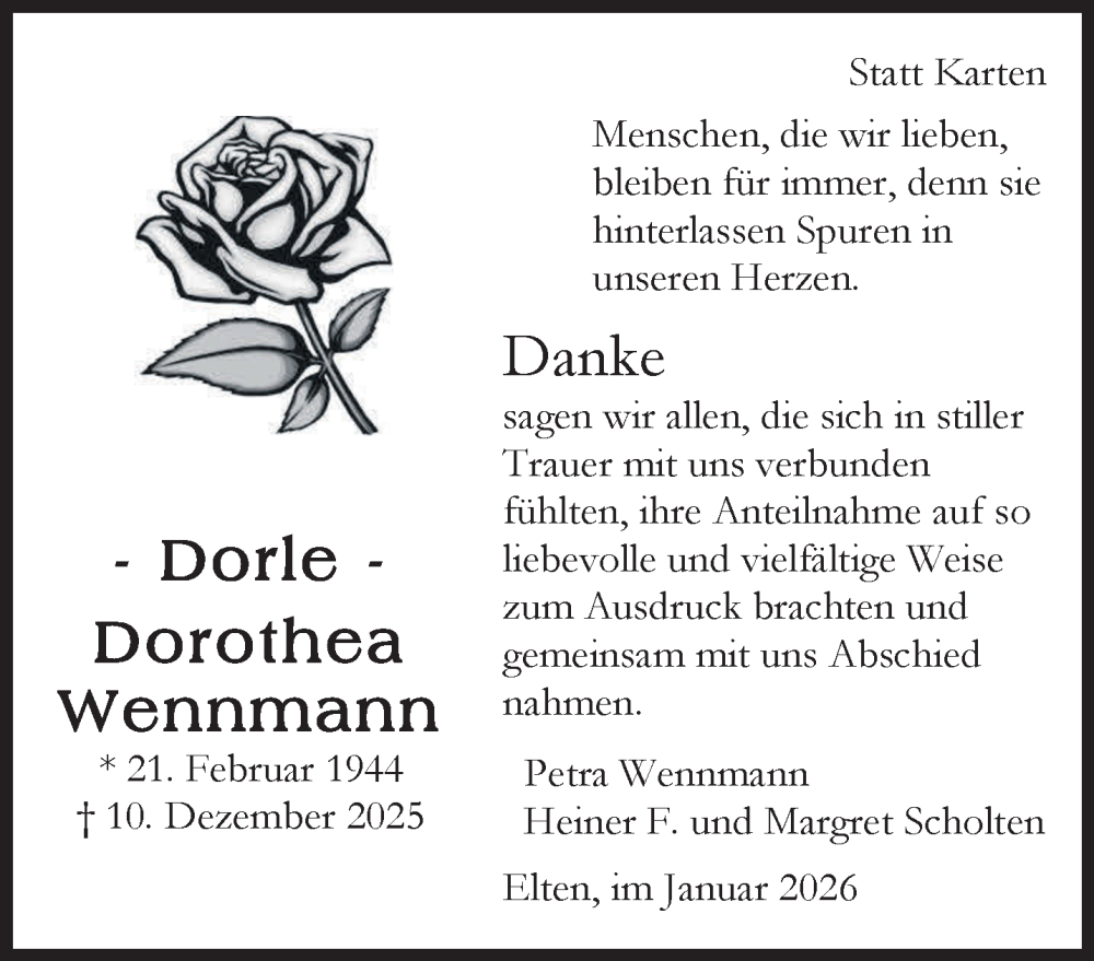  Traueranzeige für Dorothea Wennmann vom 10.01.2026 aus NNA