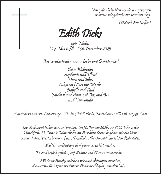 Traueranzeige von Edith Dicks von NNA
