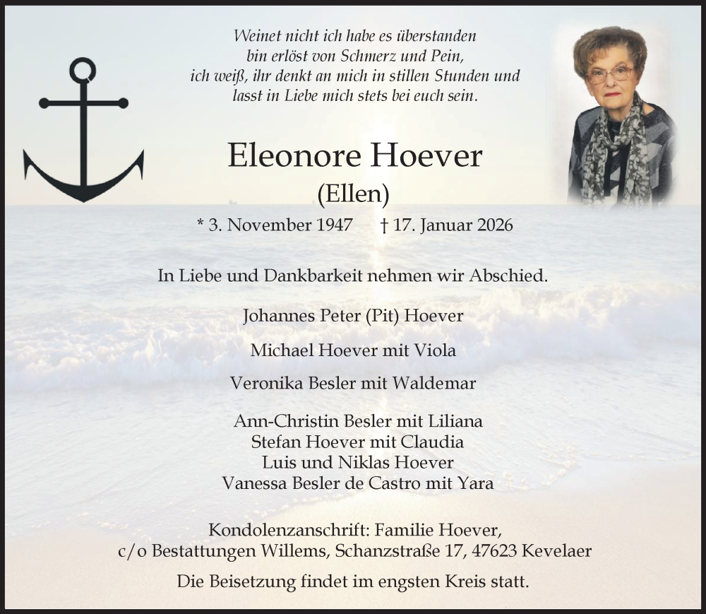  Traueranzeige für Eleonore Hoever vom 24.01.2026 aus NNA