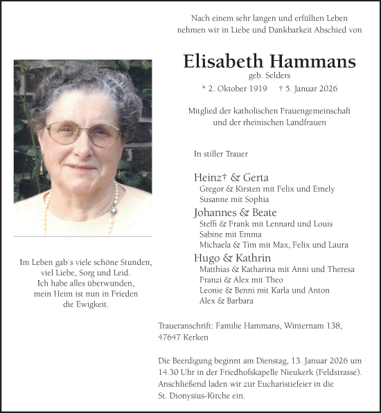 Traueranzeige von Elisabeth Hammans von NNA
