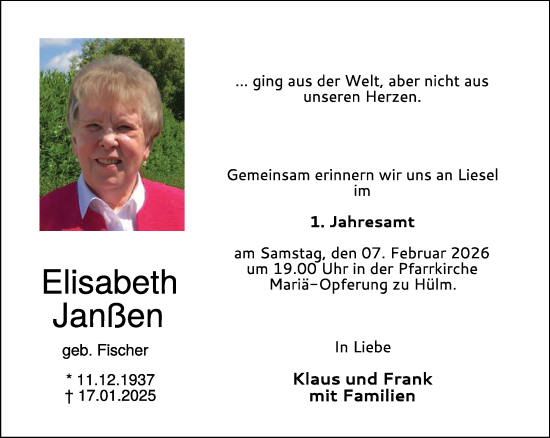 Traueranzeige von Elisabeth Janßen von NNA