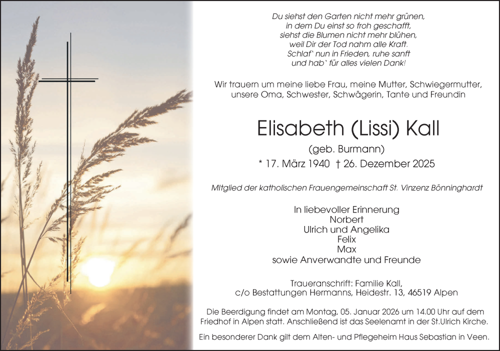  Traueranzeige für Elisabeth Kall vom 03.01.2026 aus NNA
