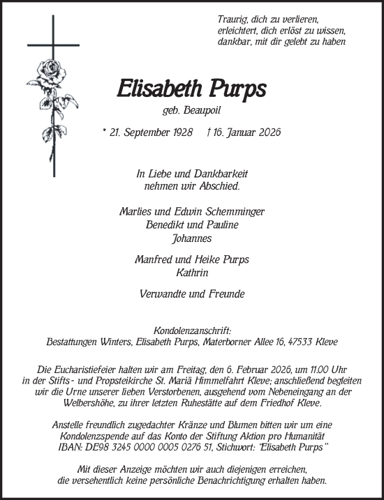 Traueranzeige von Elisabeth Purps von NNA