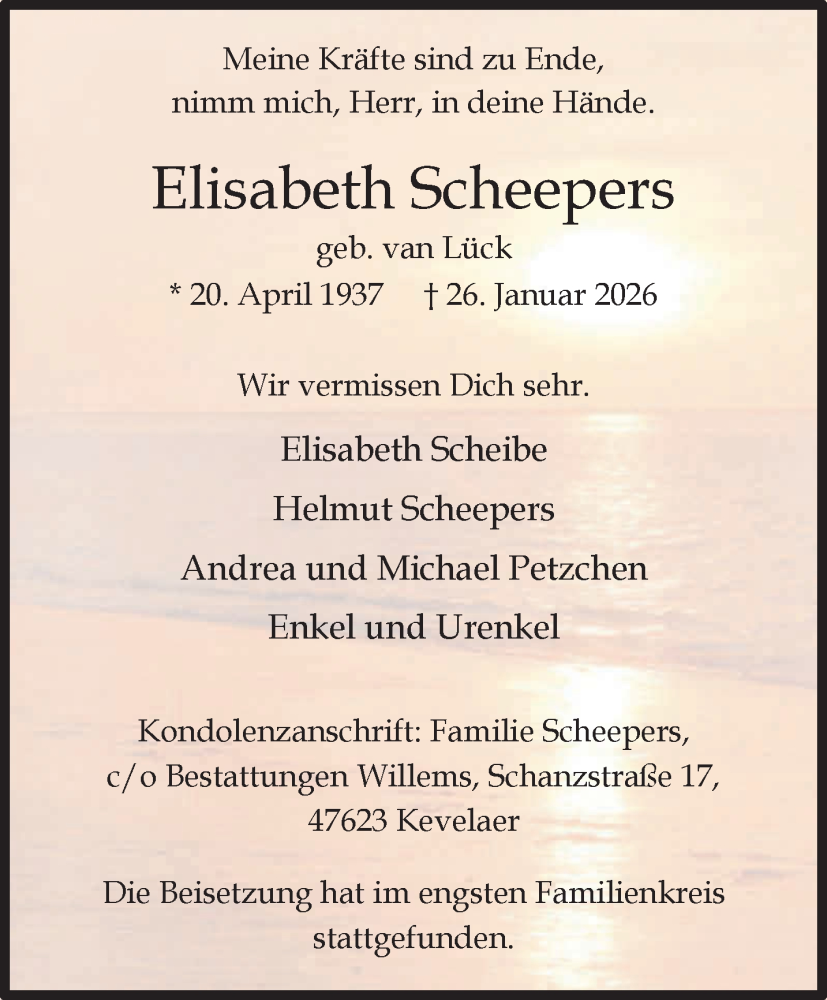  Traueranzeige für Elisabeth Scheepers vom 31.01.2026 aus NNA