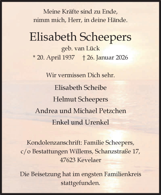 Traueranzeige von Elisabeth Scheepers von NNA