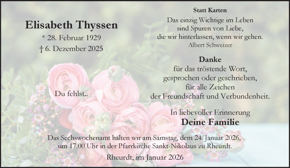  Traueranzeige für Elisabeth Thyssen vom 17.01.2026 aus NNA