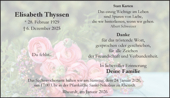 Traueranzeige von Elisabeth Thyssen von NNA