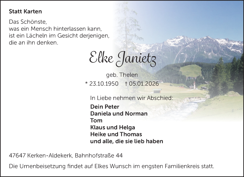  Traueranzeige für Elke Janietz vom 17.01.2026 aus NNA