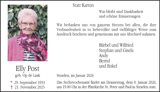 Traueranzeige von Elly Post von NNA