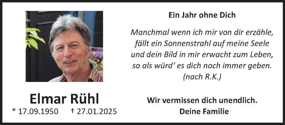  Traueranzeige für Elmar Rühl vom 24.01.2026 aus NNA