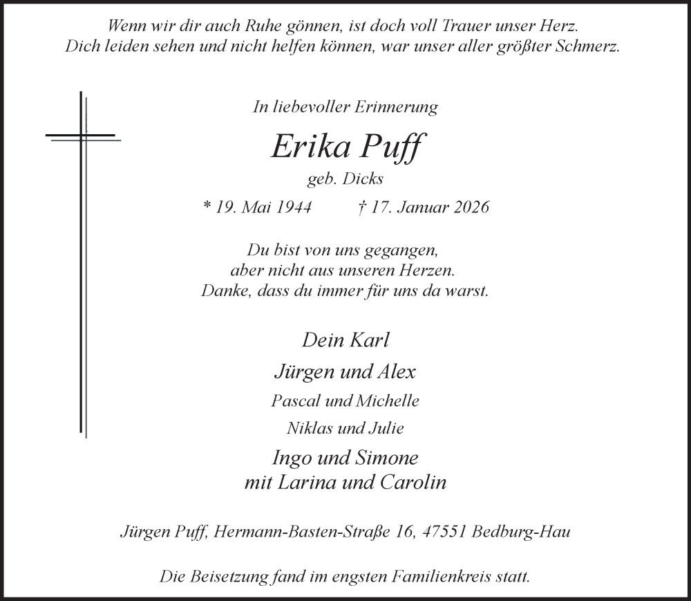  Traueranzeige für Erika Puff vom 31.01.2026 aus NNA